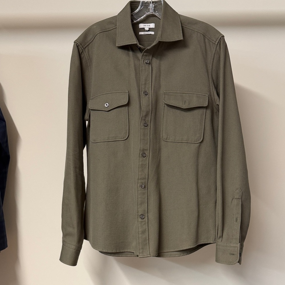 Reiss Olive Green Button-Up Shirt Jacket with Chest Pockets